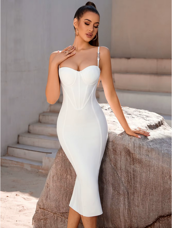 SOLID WHITE COLOR BODYCON BANDAGE DRESS