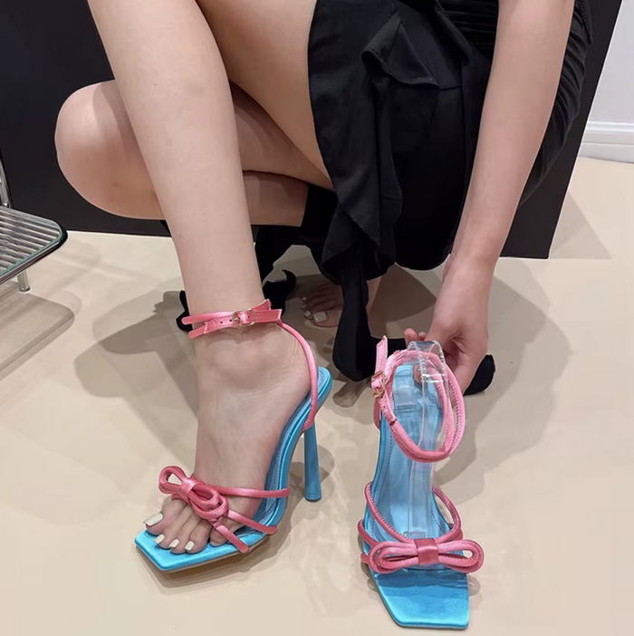 PULLED TAFFY- SATIN RIBBONED STRAPPY HEEL